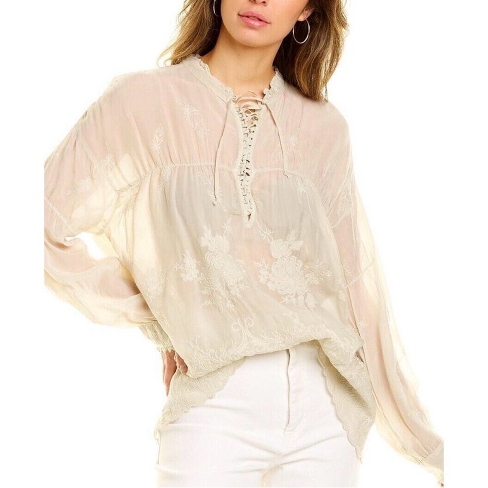 JOHNNY WAS Lara Feather Embroidered Blouse Tunic Top Dusty White Small lace up